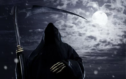 A dark figure of the Grim Reaper stands under a full moon, holding a scythe. This haunting image serves as a captivating HD PC desktop wallpaper and background.