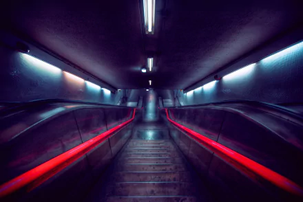 HD desktop wallpaper of a man-made subway escalator with glowing red handrails and cool blue lighting in an underground tunnel.