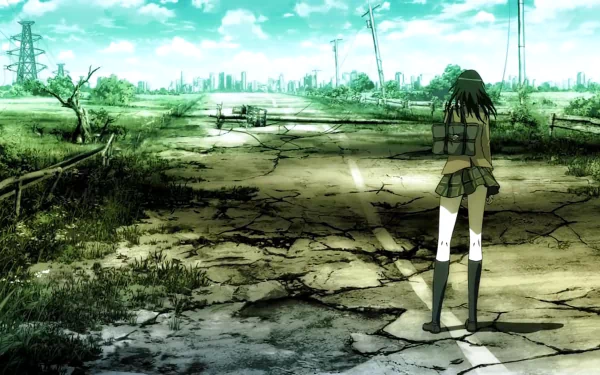 HD anime desktop wallpaper featuring a character from Coppelion standing on a cracked, overgrown road with a distant cityscape under a greenish sky.
