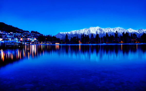 HD desktop wallpaper showcasing a man-made lakeside townscape in Queenstown, New Zealand, with vibrant lights reflecting on the calm water under a clear blue sky.
