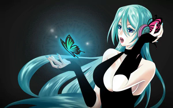 HD wallpaper featuring Hatsune Miku from Vocaloid, showcasing her vibrant turquoise hair and a butterfly, set against a dark background with ethereal lighting.