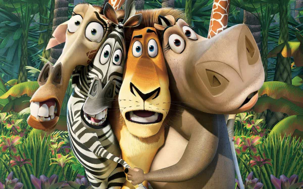Colorful HD wallpaper featuring beloved characters from the movie Madagascar, showcasing a zebra, lion, and hippo amidst a vibrant jungle backdrop.