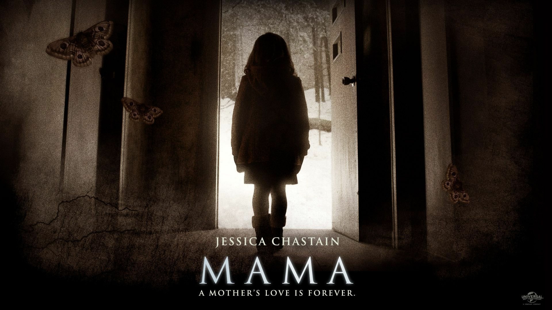 A haunting HD wallpaper from the movie Mama, featuring a silhouetted girl standing in a doorway, with butterflies surrounding her and the tagline highlighting a mother's timeless love.