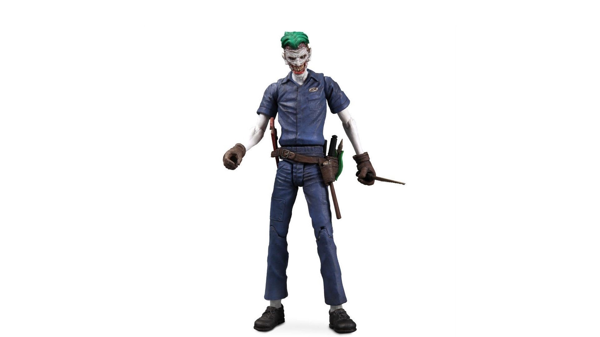 A detailed comic-style depiction of the Joker in a blue uniform, ready for action, featured as an HD PC desktop wallpaper and background.