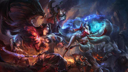 HD desktop wallpaper featuring a dramatic battle scene from League of Legends, showcasing characters Ashe, Darius, Graves, Ahri, and Morgana in action-packed poses amidst a vibrant, chaotic backdrop.