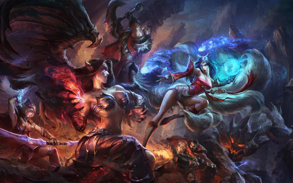 HD desktop wallpaper featuring a dramatic battle scene from League of Legends, showcasing characters Ashe, Darius, Graves, Ahri, and Morgana in action-packed poses amidst a vibrant, chaotic backdrop.
