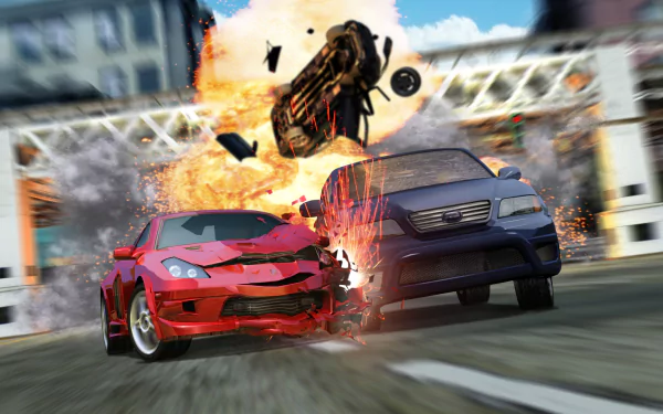 HD PC desktop wallpaper featuring intense car crash action from the video game Burnout 3: Takedown, with a red sports car colliding into a dark sedan amid explosions.