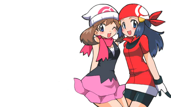 Dawn and May from Pokémon smile together in this vibrant HD anime wallpaper, showcasing their distinct outfits and cheerful expressions. A lively addition to any Pokémon fan's background.