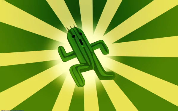 HD desktop wallpaper featuring a cactus character from Final Fantasy against a starburst green background.