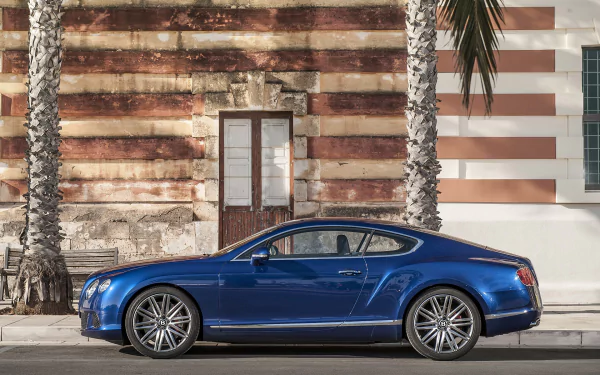 Blue Bentley Continental GT Speed coupé fastback grand tourer parked beside a striped wall and palm trees, captured in an HD desktop wallpaper background.