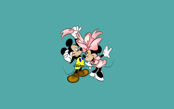 Mickey Mouse and Minnie Mouse share a playful moment in this vibrant HD Disney wallpaper, capturing the charm of classic animated movies.
