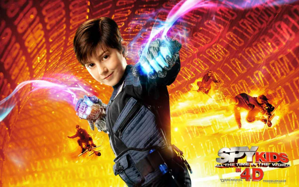 Spy Kids movie HD PC Desktop Wallpaper and Background: young spy in a tactical suit thrusts a glowing gadget, neon energy trails and falling binary code with fiery explosions behind.