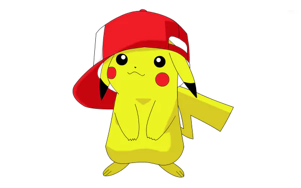HD desktop wallpaper depicting Pikachu from Pokémon, wearing a red cap, set against a white background.