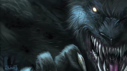 A striking HD wallpaper depicting a menacing werewolf, inspired by Grimm Fairy Tales. The detailed artwork showcases fierce features and a dark, captivating atmosphere.