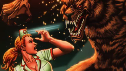 Comic Grimm Fairy Tales: Myths & Legends HD PC desktop wallpaper/background showing a nurse recoiling as a snarling werewolf lunges amid sparks and dramatic lighting.