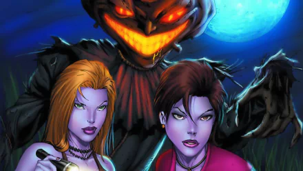 Comic art — Grimm Fairy Tales: Halloween. HD PC desktop wallpaper/background showing two purple-skinned women before a sinister jack-o'-lantern scarecrow beneath a glowing full moon.