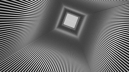 Monochrome abstract illusion: radiating black-and-white lines forming a warped tunnel around a central square — a mind-teaser HD PC desktop wallpaper and background.