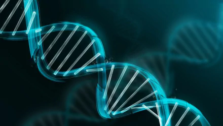 An artistic representation of DNA structure, featuring a vibrant blue double helix design against a dark background, serves as a striking HD desktop wallpaper and background.