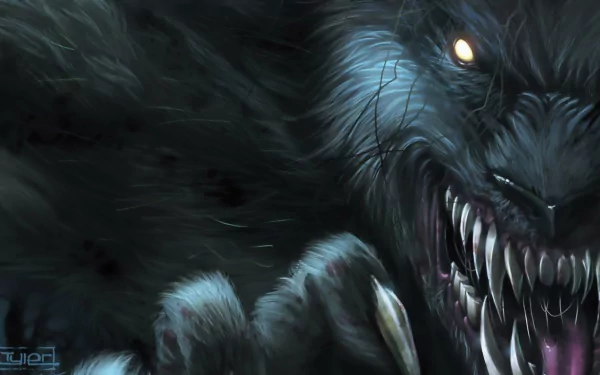 A striking HD wallpaper depicting a menacing werewolf, inspired by Grimm Fairy Tales. The detailed artwork showcases fierce features and a dark, captivating atmosphere.