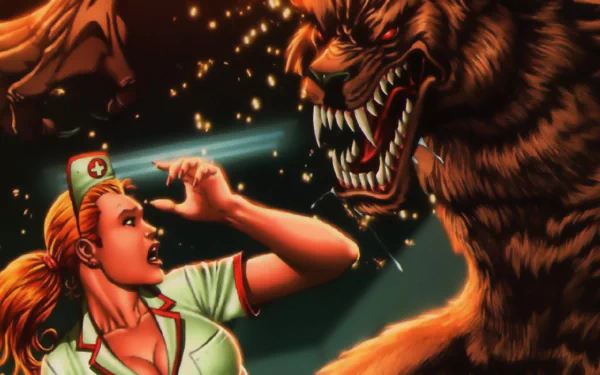 Comic Grimm Fairy Tales: Myths & Legends HD PC desktop wallpaper/background showing a nurse recoiling as a snarling werewolf lunges amid sparks and dramatic lighting.