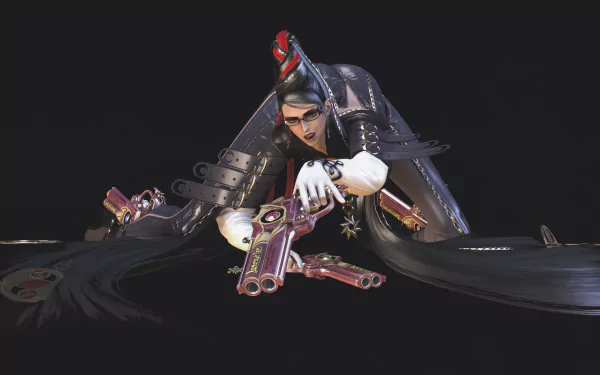 HD PC desktop wallpaper featuring Bayonetta, the iconic character from the video game, striking a dynamic pose with her signature guns and flowing hair.