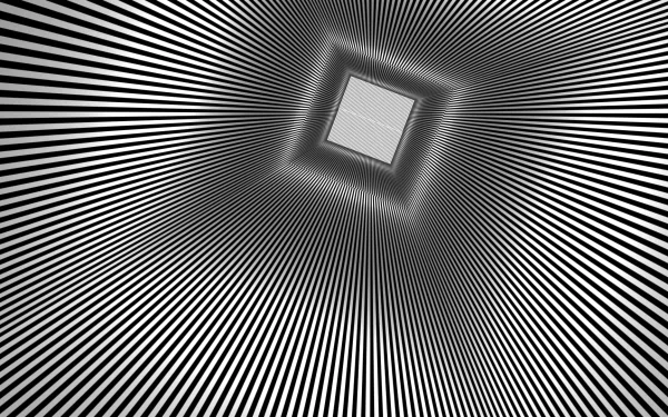 Monochrome abstract illusion: radiating black-and-white lines forming a warped tunnel around a central square — a mind-teaser HD PC desktop wallpaper and background.