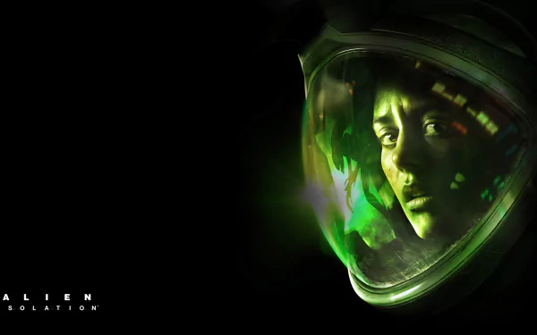 A dramatic HD desktop wallpaper featuring a character from the video game Alien: Isolation, showcasing a close-up of their face reflected in a green-tinted helmet.