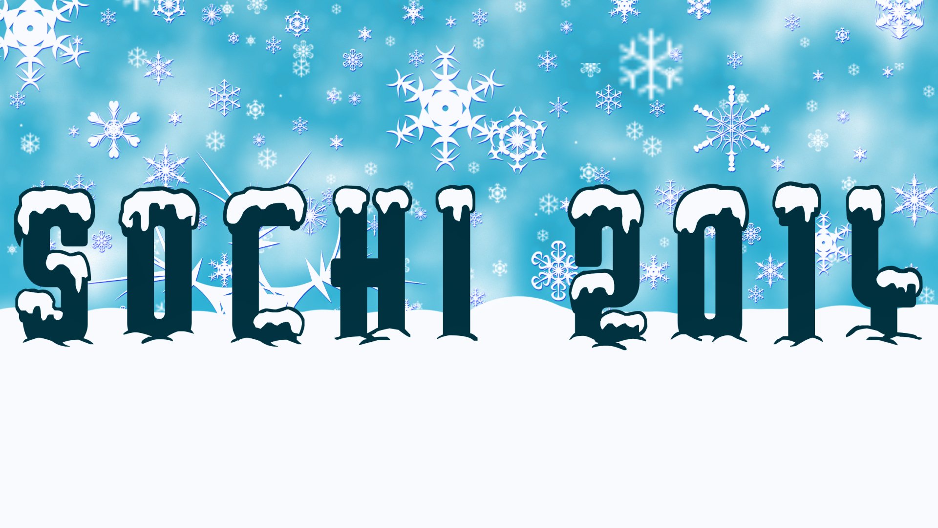 HD PC desktop wallpaper of Sochi 2014 Winter Olympic Games with snow-covered lettering and a blue background filled with snowflakes.