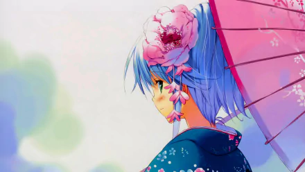 Anime-style image featuring a character with short blue hair and green eyes, wearing a floral kimono and holding a pink parasol, set against a softly blurred background.