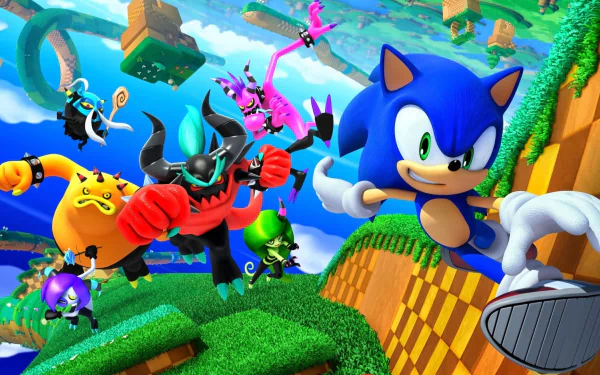 HD desktop wallpaper featuring Sonic the Hedgehog racing alongside Zazz and Zavok from Sonic Lost World, set in a vibrant, colorful game world filled with platforms and action.
