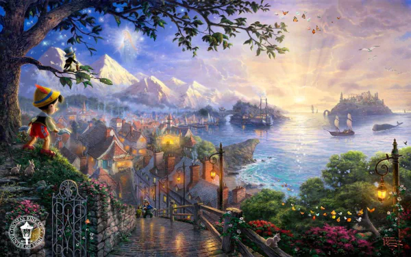 HD PC desktop wallpaper featuring Pinocchio from the 1940 movie, overlooking a vibrant coastal village at sunset with ships and mountains in the background.