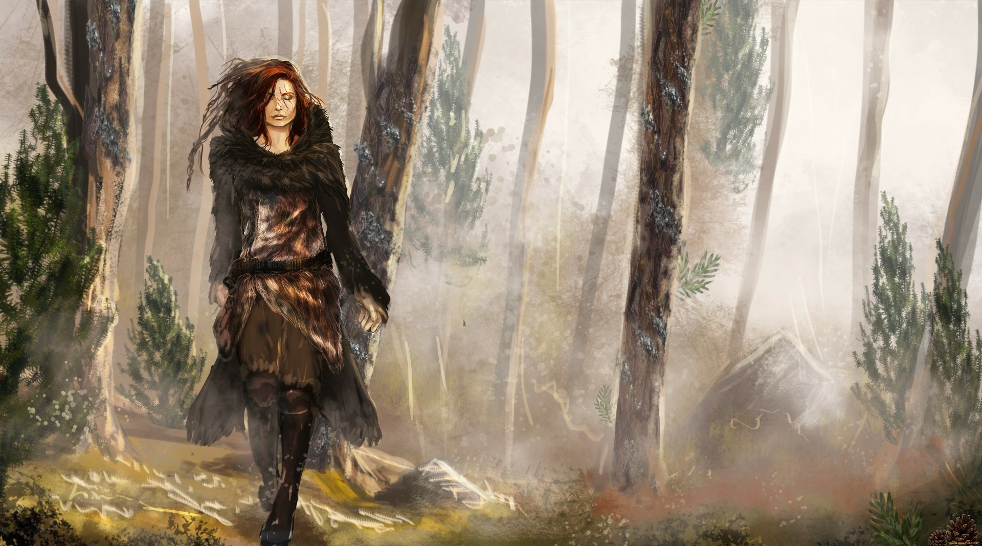A fantasy-themed HD wallpaper featuring a woman walking through a misty forest, surrounded by tall trees and a serene, mysterious atmosphere.
