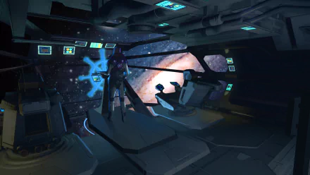 HD PC desktop wallpaper/background from the video game Star Citizen: starship bridge interior, silhouetted pilot at the controls, panoramic viewport framing a glowing galaxy.