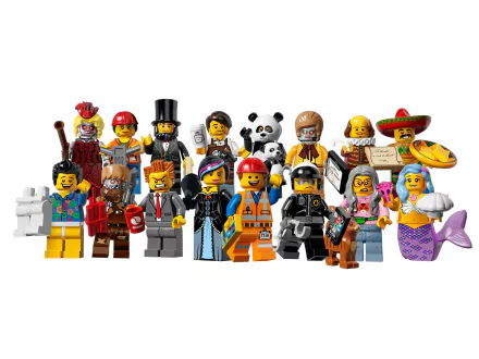 A vibrant collection of LEGO minifigures from *The LEGO Movie*, featuring Larry the Barista, Wyldstyle, Emmet, and more, celebrating Taco Tuesday in a colorful scene.