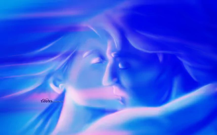 A captivating HD desktop wallpaper featuring an artistic representation of Pocahontas and John Smith, embracing amidst a dreamy, blue-hued background.