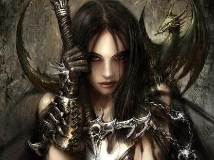 A fierce woman warrior stands confidently, wielding a detailed weapon, set against a dark, fantasy-themed background. This HD wallpaper captures a powerful and bold presence.