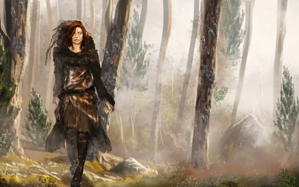 A fantasy-themed HD wallpaper featuring a woman walking through a misty forest, surrounded by tall trees and a serene, mysterious atmosphere.