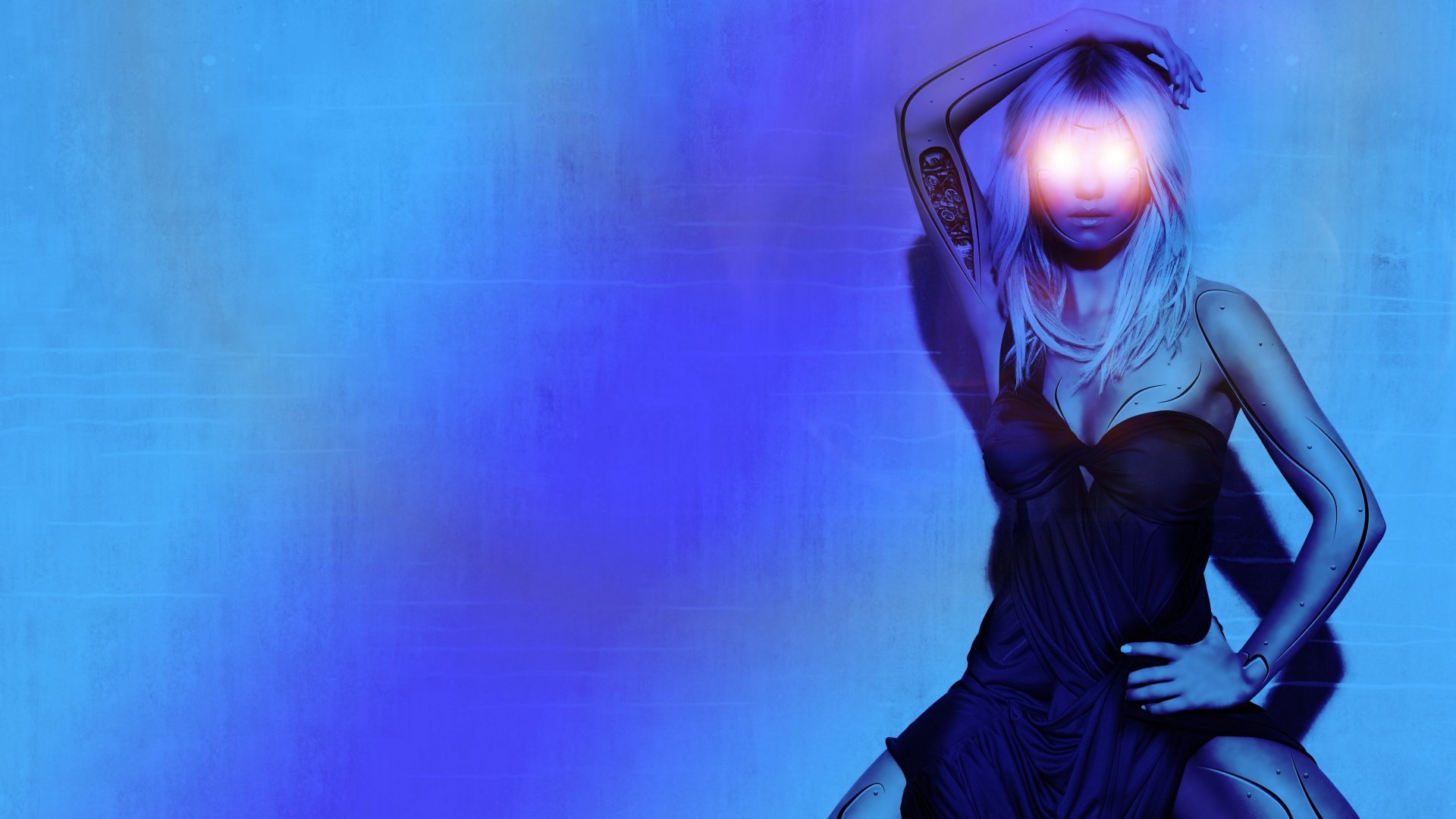 A futuristic cyborg with glowing eyes posed against a blue backdrop, rendered in stunning 8K Ultra HD, designed as a sci-fi PC desktop wallpaper and background.