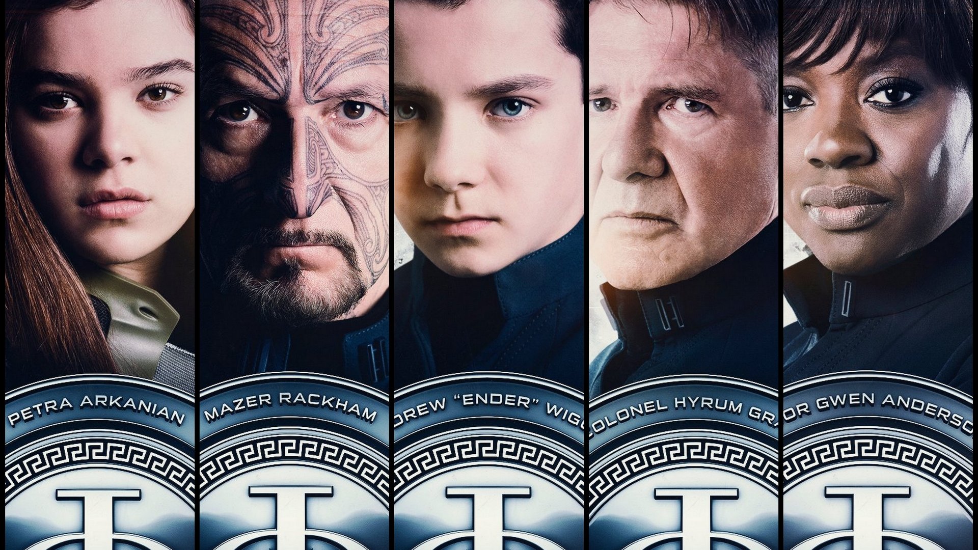 4K Ultra HD PC desktop wallpaper and background: movie poster–style split portrait of five characters from Ender's Game with a repeating military insignia at the bottom.