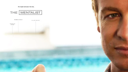 HD desktop wallpaper featuring Simon Baker as Patrick Jane from the TV show The Mentalist, with the show's title and tagline visible on the left side.