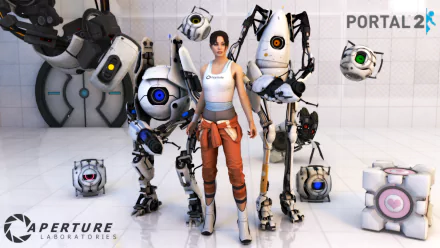 A vibrant HD wallpaper featuring Chell alongside Wheatley and other personality cores from the video game Portal 2, set in the iconic Aperture Laboratories environment.