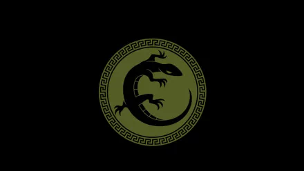 HD PC desktop wallpaper for Ender's Game: olive-green circular emblem with a coiled dragon-like creature and Greek-key border centered on a black background.
