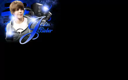 HD desktop wallpaper featuring Justin Bieber with musical elements and his name in stylized blue text against a black background.