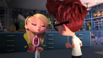 A scene from Mr. Peabody & Sherman, featuring Sherman and a girl in a colorful classroom setting, serves as an engaging HD desktop wallpaper and background.