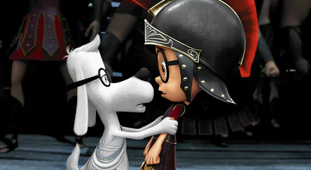 HD wallpaper of Mr. Peabody & Sherman, depicting Mr. Peabody in glasses kissing Sherman on the forehead.