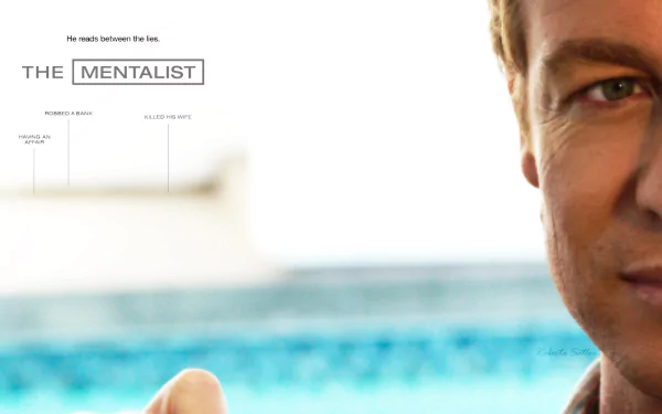 HD desktop wallpaper featuring Simon Baker as Patrick Jane from the TV show The Mentalist, with the show's title and tagline visible on the left side.