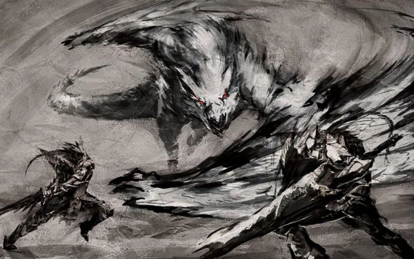 A dramatic HD wallpaper featuring intense action from Monster Hunter, showcasing fierce hunters confronting a massive, menacing creature amid swirling shadows.