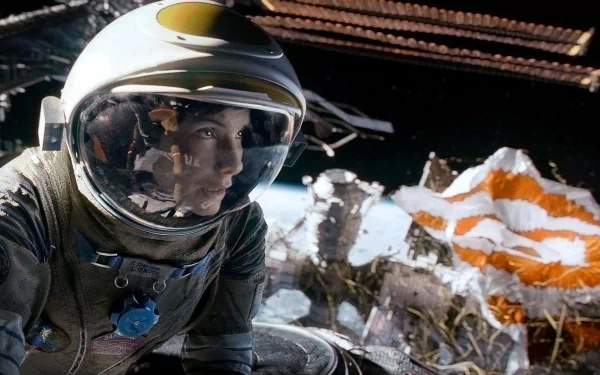 An astronaut gazes into the distance, reflecting Earth's surface and space debris in their helmet. This HD wallpaper captures a moment from the movie Gravity (2013).