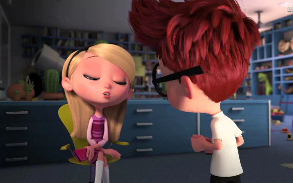 A scene from Mr. Peabody & Sherman, featuring Sherman and a girl in a colorful classroom setting, serves as an engaging HD desktop wallpaper and background.