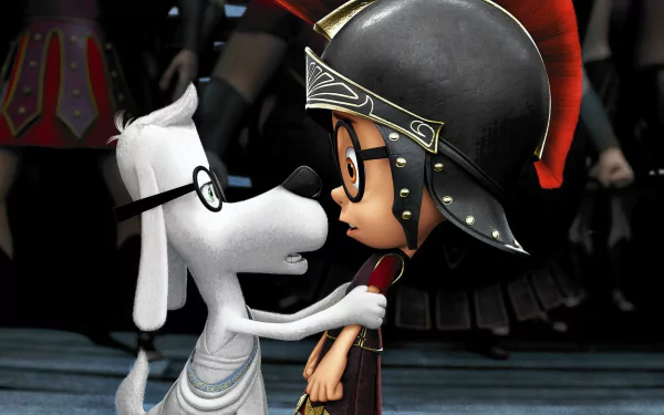 HD wallpaper of Mr. Peabody & Sherman, depicting Mr. Peabody in glasses kissing Sherman on the forehead.